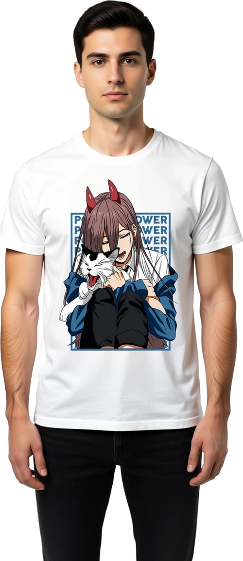Erkek Anime Karakter Kedili Baskılı Kısa Kollu Tişört Boynuzlu Kız Tasarımı Rahat Kesim Günlük Şık