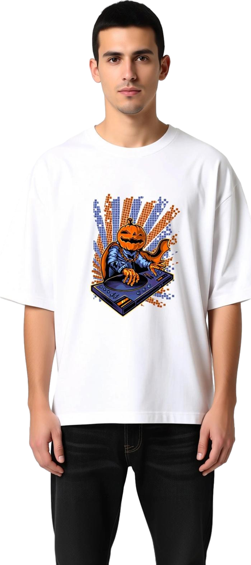 Erkek Oversize Tişört DJ Balkabağı Vinylçı Pelerinli Baskılı Cadılar Bayramı Temalı Günlük Rahat