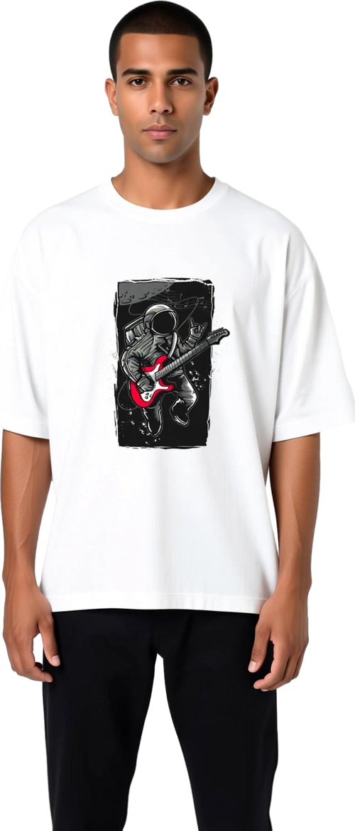 Erkek Oversize Tişört Astronot Elektrik Gitar Kozmik Müzik Baskılı Rahat Kesim Pamuk Günlük Modern