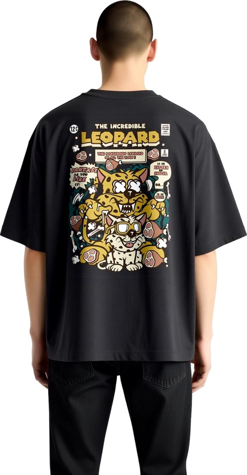 Erkek Oversize Grafik Tişört Çizgi Roman Leopar Karakteri Baskılı Kısa Kol Yuvarlak Yaka Rahat Kesim