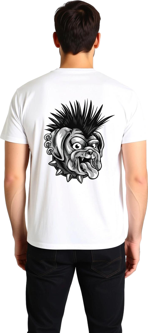 Erkek Punk Bulldog Çivili Tasma İroquois Saçlı Baskılı Tişört %100 Pamuk Rahat Kesim Günlük Modern