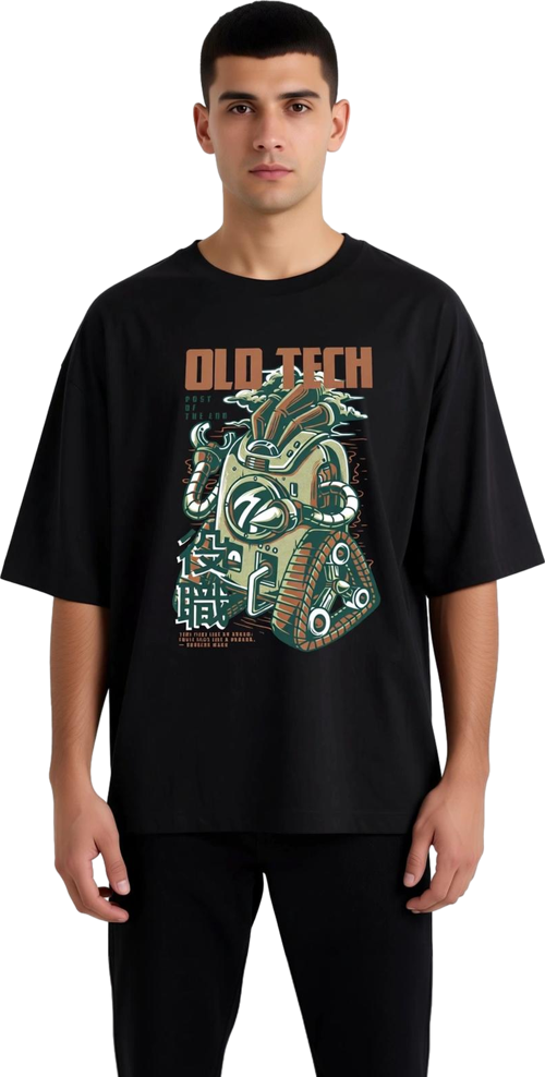 Erkek Oversize Tişört Retro Teknoloji Baskı Dijital Baskılı Nostaljik Tasarım Rahat Kesim Günlük