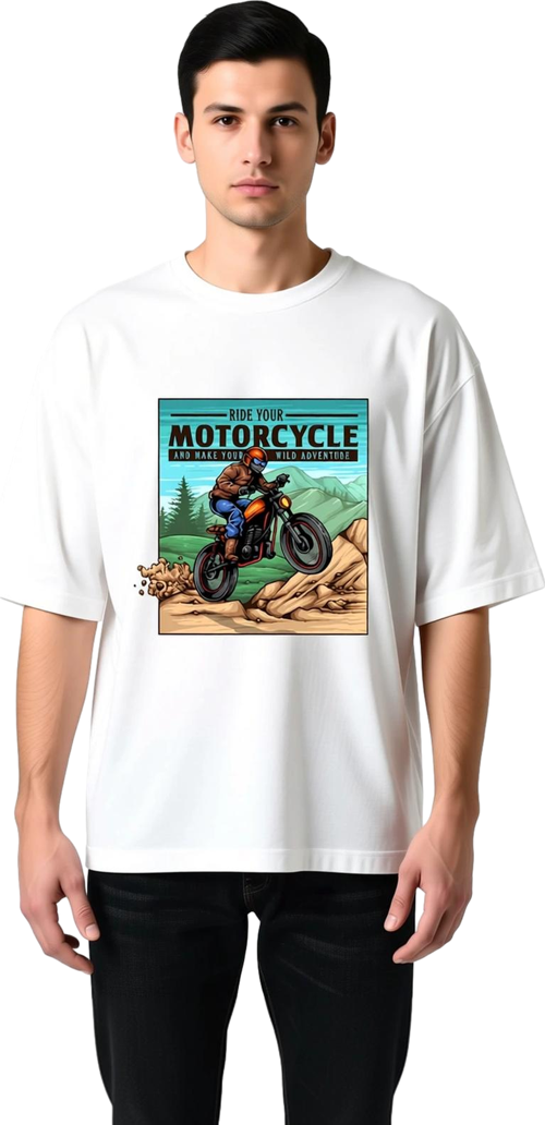 Motosiklet Macerası Sloganlı Baskılı Erkek Oversize Tişört