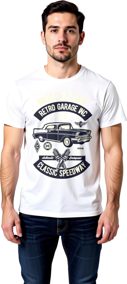 Erkek Retro Garaj Klasik Otomobil Baskılı Kısa Kollu Tişört %100 Pamuk Rahat Kesim Günlük Modern