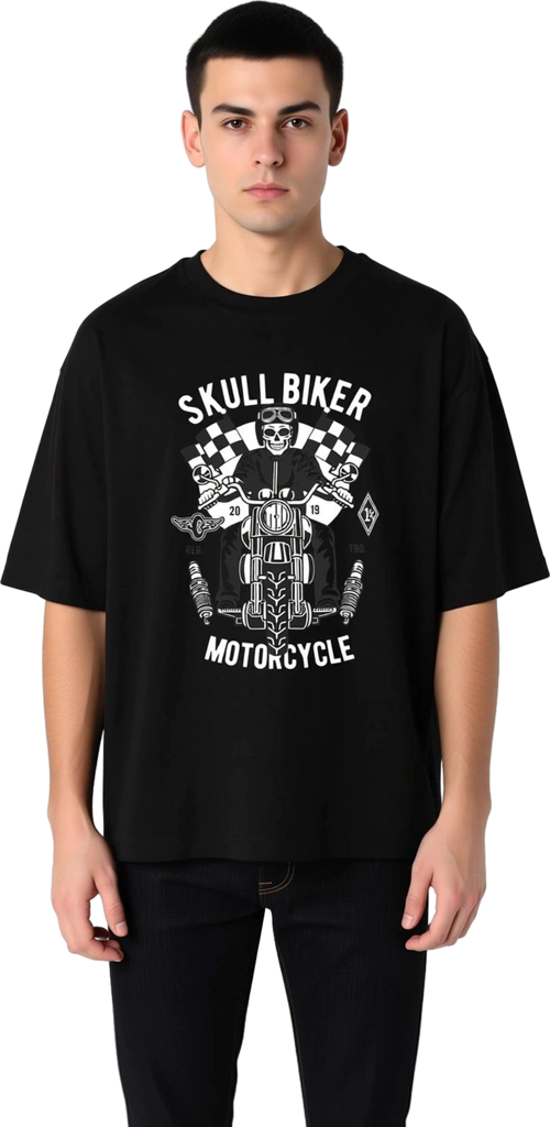 Erkek Oversize Tişört Kafatası Motosikletçi Baskılı Kısa Kollu Yuvarlak Yaka Rahat Kesim Günlük