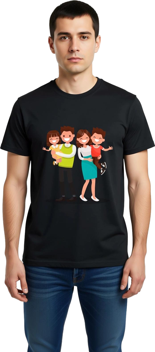 Aile Sevgisi Renkli Cizgi Baskılı Erkek Tişört