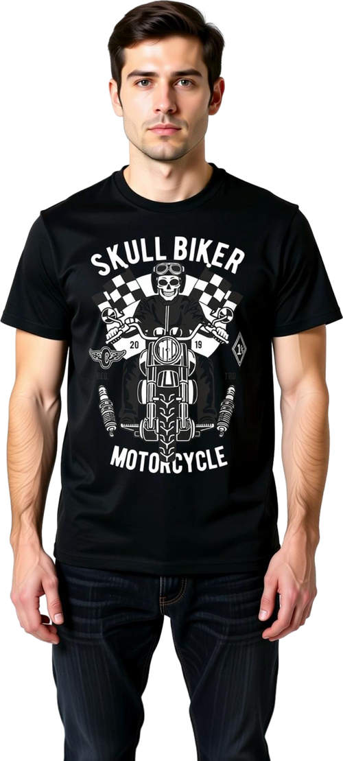 Erkek Kafatası Motosikletçi Baskılı Kısa Kollu Tişört Yuvarlak Yaka Rahat Kesim Günlük Modern Şık