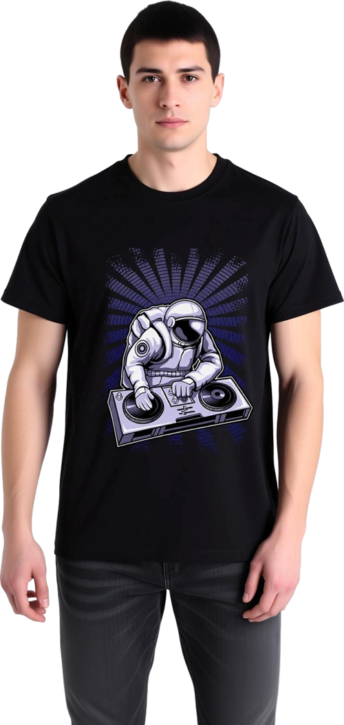Erkek DJ Astronot Turntable Müzik Baskılı Tişört Kulaklıklı Uzay Tasarımı Günlük Rahat Modern Şık
