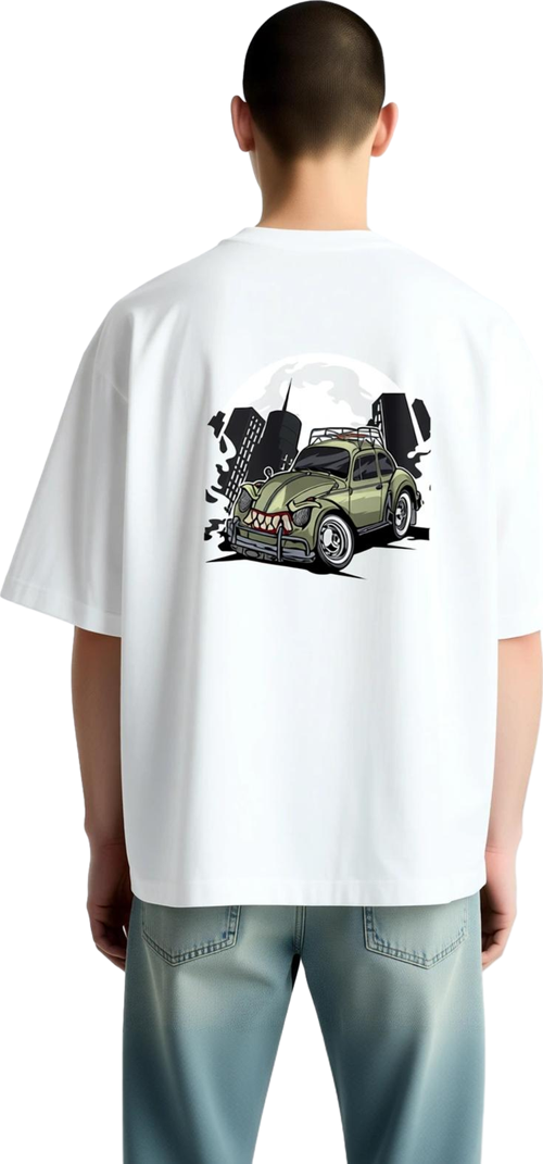 Vintage Beetle Araba Diş Dumanı Baskılı Erkek Oversize Tişört
