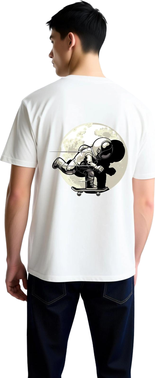 Erkek Astronot Kaykay Ay Tasarım Baskılı Kısa Kollu Rahat Kesim Tişört Konforlu Günlük Modern Şık
