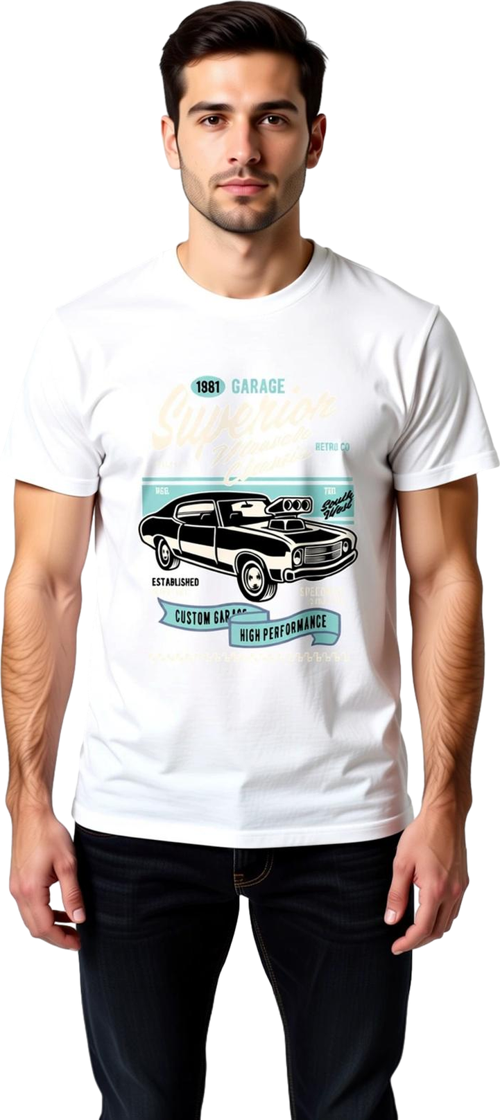 Erkek Retro Garaj Baskılı Tişört %100 Pamuk Klasik Otomobil Temalı Günlük Rahat Kesim Modern Şık