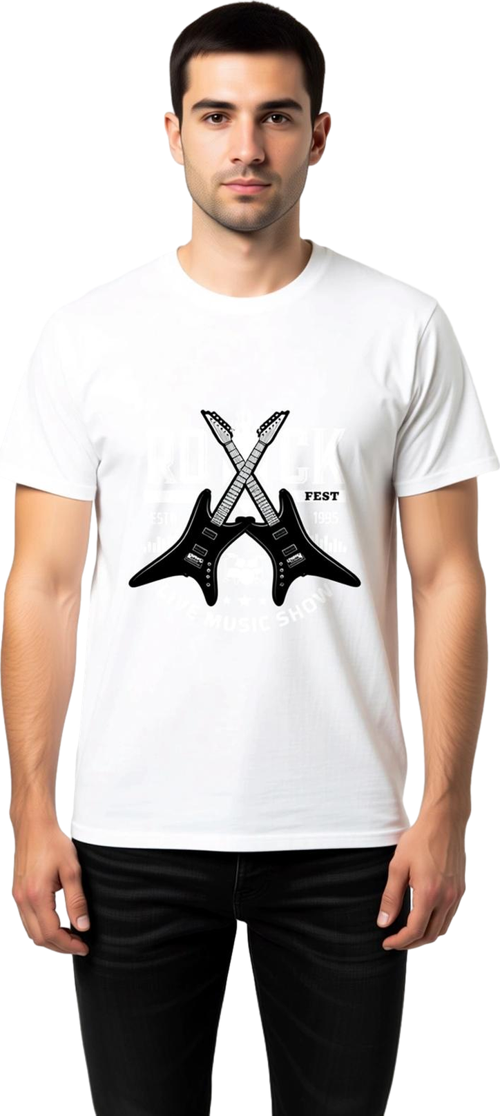 Erkek Rock Fest Müzik Festivali Baskılı Tişört Çapraz Gitar Motifli Rahat Kesim Günlük Modern Şık