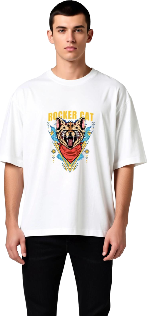 Erkek Oversize Müzik Baskılı Tişört Rocker Kedi Grafik Desen Rahat Kesim Günlük Giyim Modern Şık
