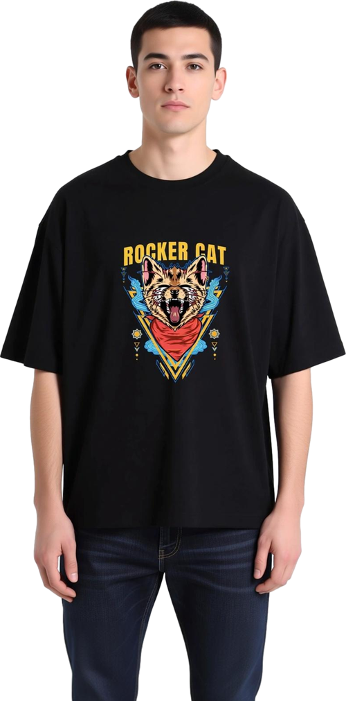 Erkek Oversize Müzik Baskılı Tişört Rocker Kedi Grafik Desen Rahat Kesim Günlük Giyim Modern Şık