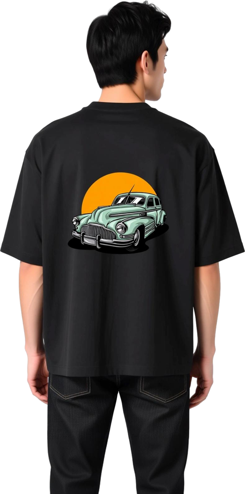 Erkek Oversize Tişört Vintage Otomotiv Baskısı Retro Araba Desenli Rahat Kesim Kaliteli DTF Baskı