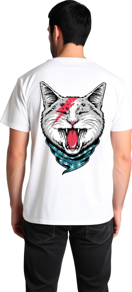 Erkek Baskılı Tişört Kedi Motifi Şimşek Çakması Bandana Detaylı Rock Tarzı Günlük Rahat Modern Şık