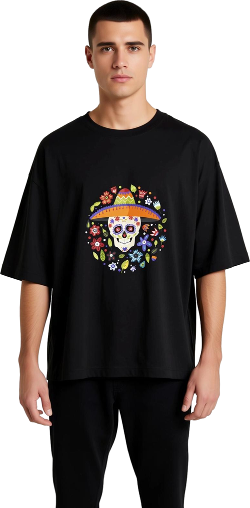 Erkek Oversize Tişört Ölülerin Günü Temalı Sombrero Kafatası Çiçek Baskılı Rahat Kesim Günlük Modern
