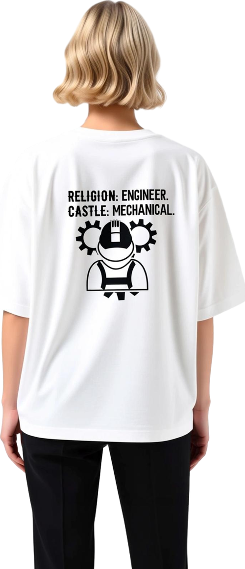 Mühendislik Dini Mekanik Kalesi Baskılı Kadın Oversize Tişört