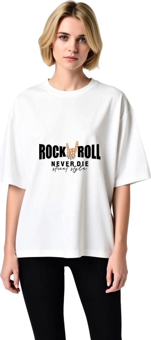 Kadın Oversize Rock Müzik Baskılı Tişört %100 Pamuk Rahat Kesim Sokak Stili Günlük Modern Şık Zarif