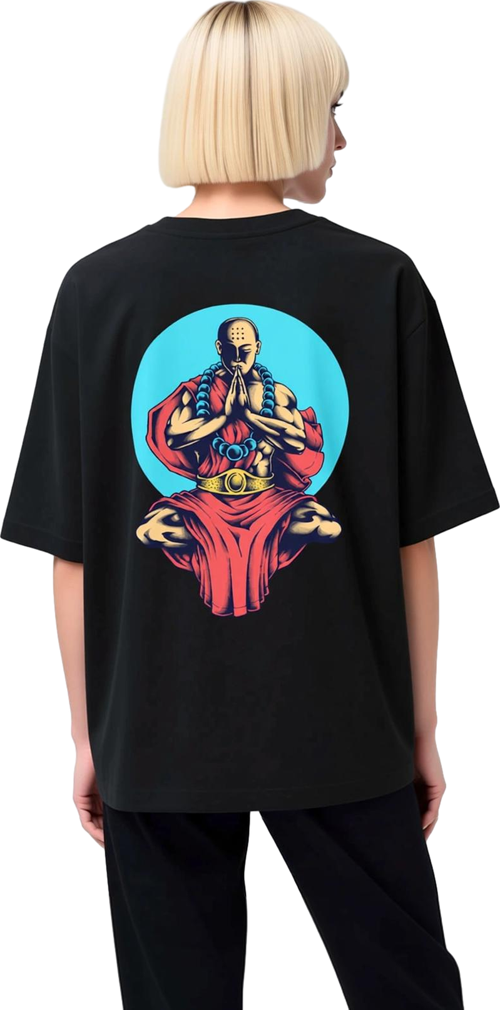 Kadın Oversize Meditasyon Figürü Baskılı Tişört %100 Pamuk Rahat Kesim Manevi Tasarım Günlük Modern