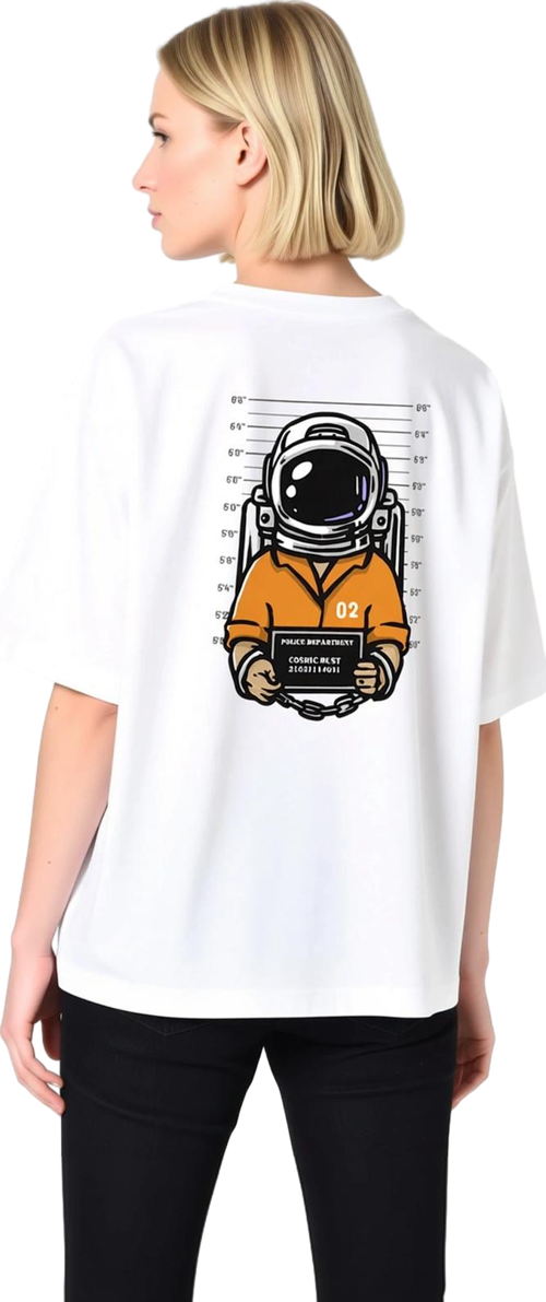 Uzay Polis Retro Baskılı Kadın Oversize Tişört