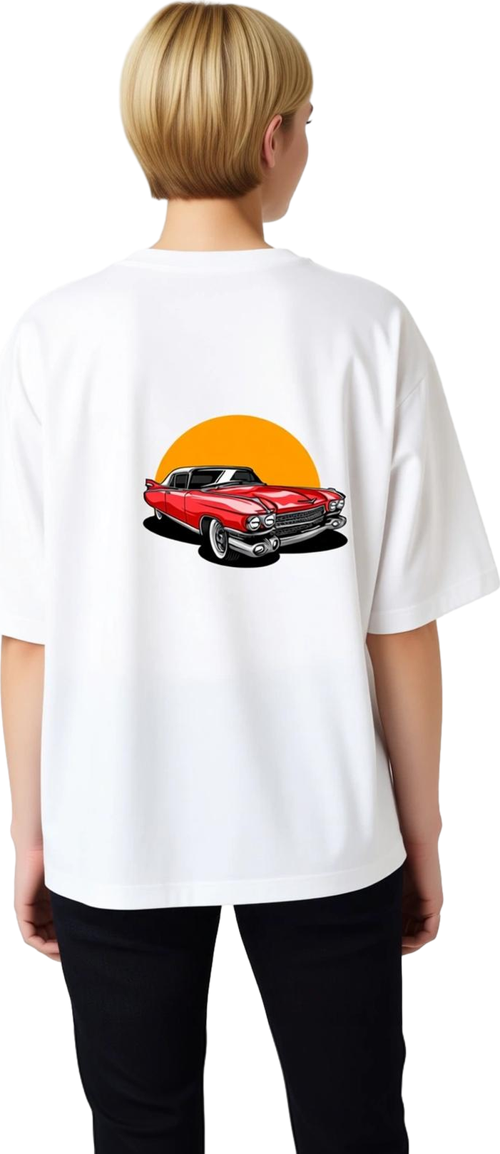 Kadın Oversize Tişört %100 Pamuk Vintage Otomobil Baskılı Retro Stil Krom Detay Rahat Kesim Günlük
