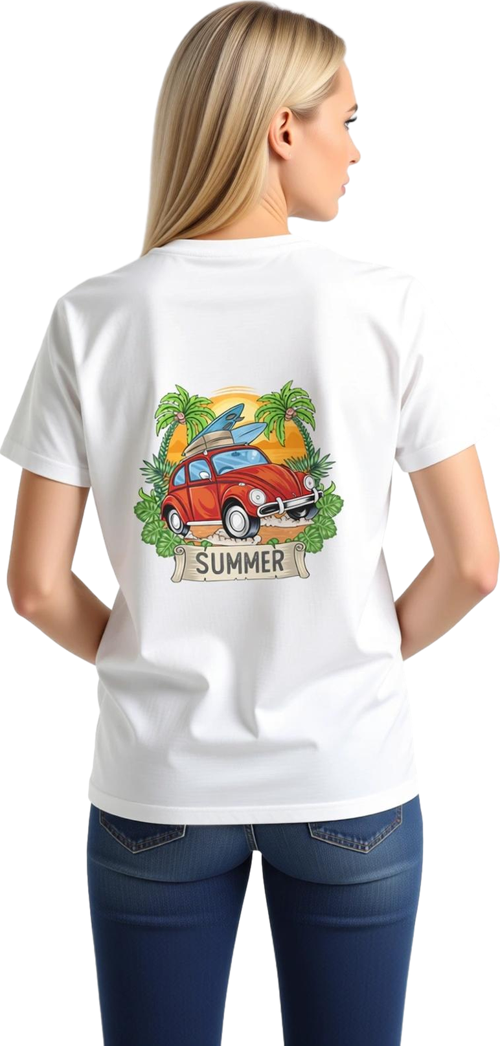 Yaz Retro Beetle Sörf Tasarımı Baskılı Kadın Tişört