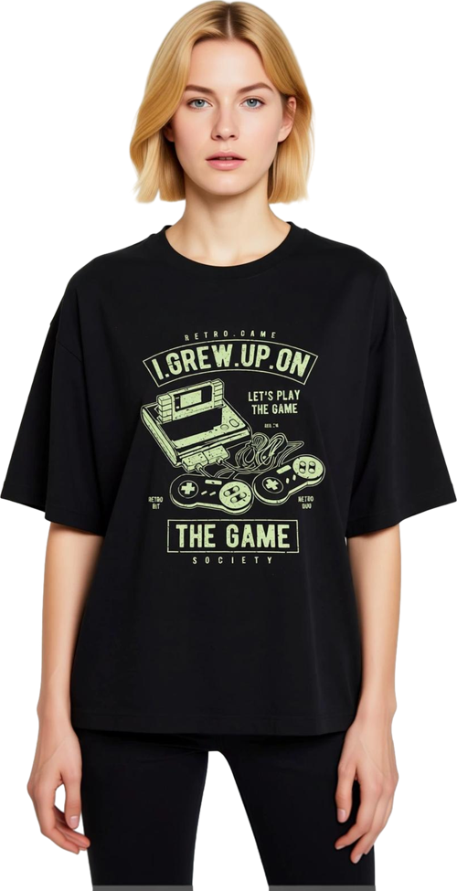 Retro Oyun Nostaljisi Baskılı Kadın Oversize Tişört
