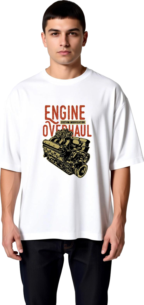 Erkek Oversize Motor Revizyonu Özel Modifikasyon Baskılı Tişört Teknik Grafik Günlük Rahat Modern