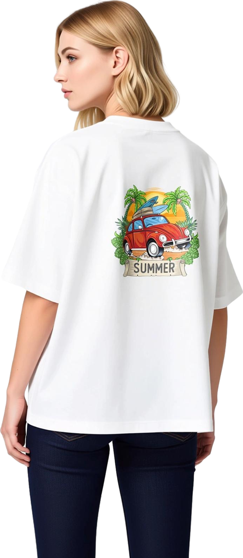 Kadın Oversize Retro Sörf Arabası Baskılı Pamuklu Tişört Yaz Teması Rahat Kesim Günlük Modern Şık