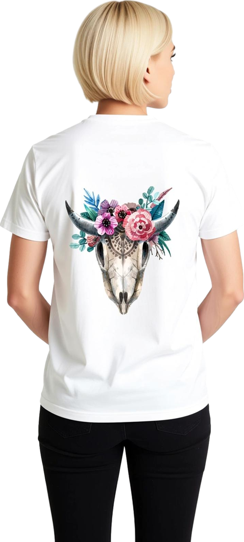 Kadın Boho Tarzı Floral Çiçekli Hayvan Kafası Baskılı Suluboya Rahat Kesim Tişört Günlük Modern