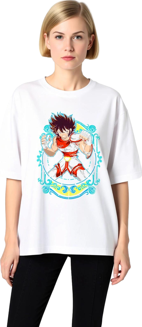 Kadın Oversize Anime Karakter Baskılı Tişört Dinamik Savaşçı Tasarımı Rahat Kesim Günlük Modern
