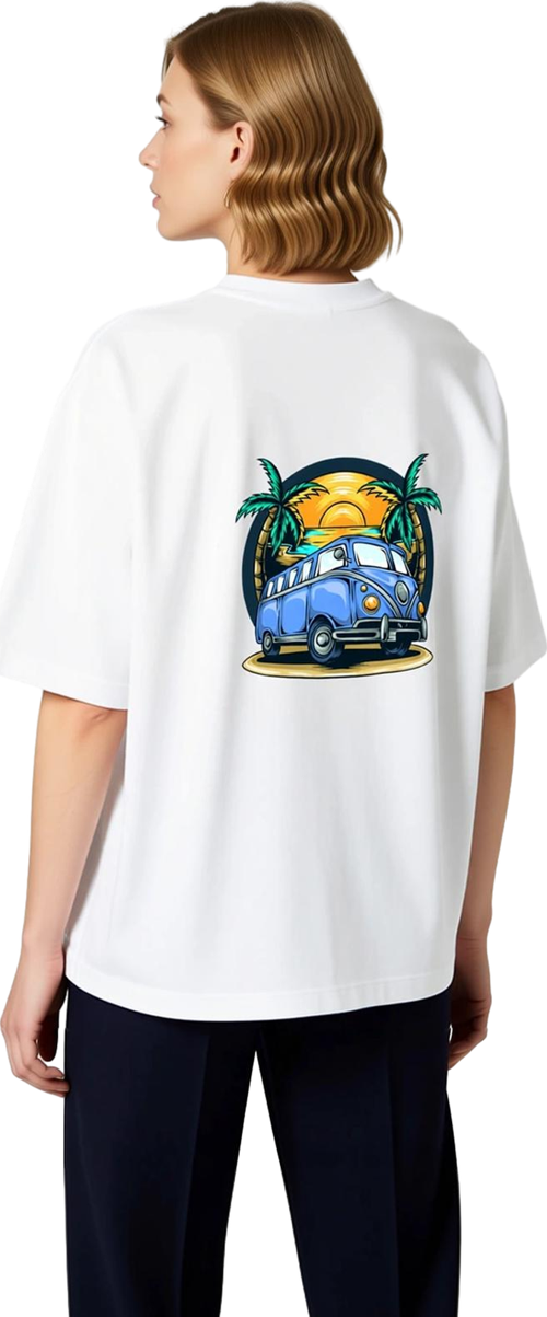 Kadın Oversize Grafik Baskılı Tişört Vintage Minibüs Palmiye Güneş Batışı Motifli Rahat Kesim Günlük