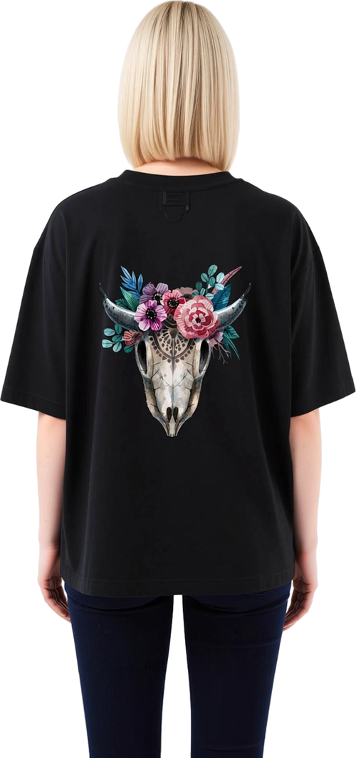 Kadın Oversize Tişört Boho Tarzı Çiçekli Hayvan Kafası Suluboya Baskı Rahat Kesim Günlük Modern