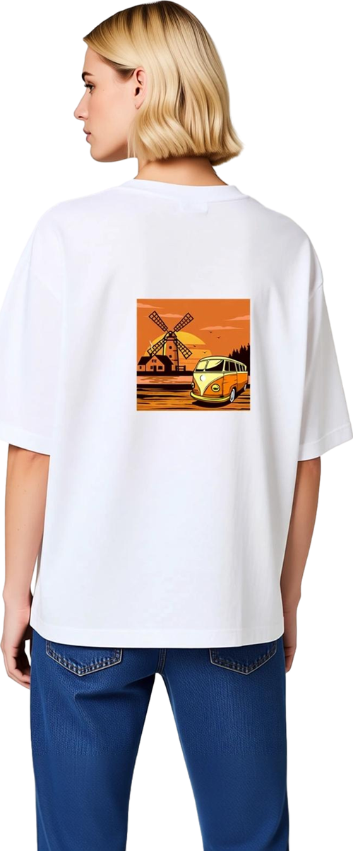 Sunset Yolculuğu Vintage Minibüs Tasarımı Baskılı Kadın Oversize Tişört