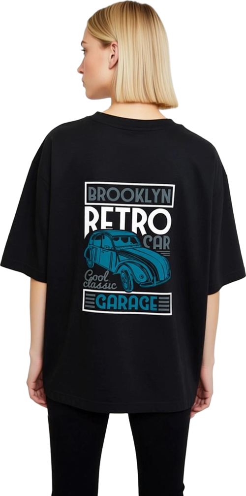 Brooklyn Retro Araba Klasik Garaj Baskılı Kadın Oversize Tişört