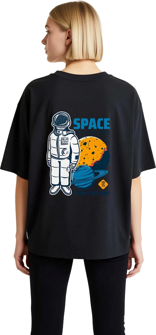 Kadın Oversize Grafik Baskılı Tişört Uzay Teması Retro Astronot Galaksi Keşfi Desenli Rahat Kesim
