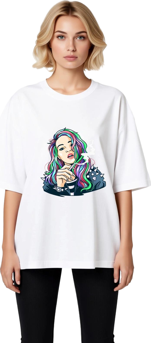 Gökkuşak Saçlı Punk Kadın Baskılı Kadın Oversize Tişört