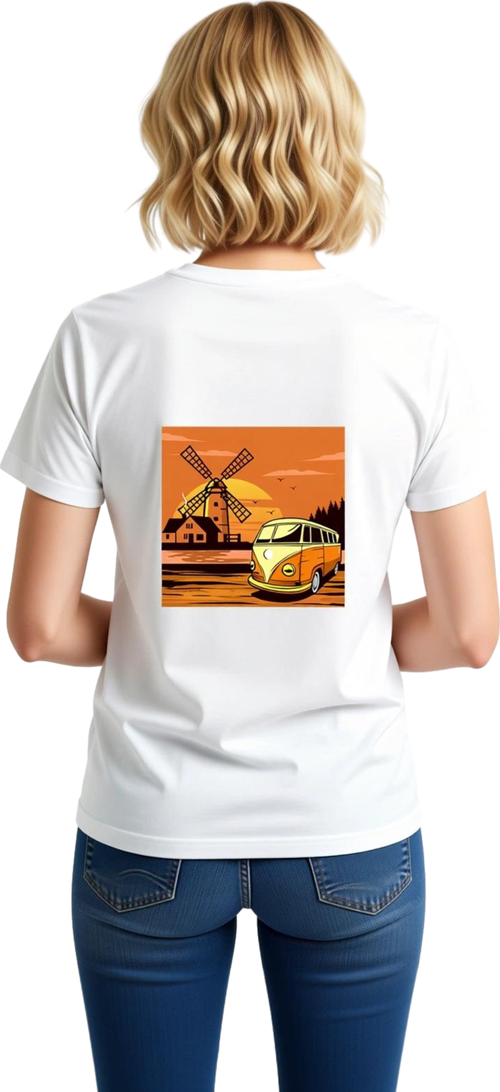 Kadın Vintage Minibüs Sunset Manzara Baskılı Günlük Rahat Pamuk Tişört Rüzgar Değirmeni Tasarımı