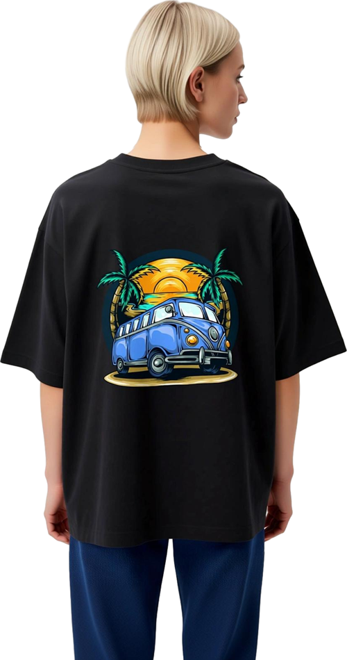 Kadın Oversize Grafik Baskılı Tişört Vintage Minibüs Palmiye Güneş Batışı Motifli Rahat Kesim Günlük