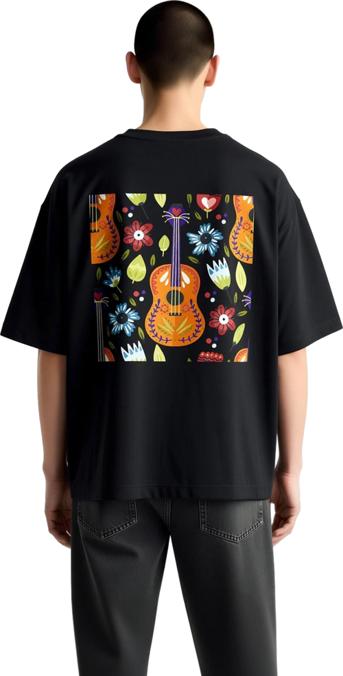 Erkek Oversize Tişört Müzik Temalı Gitar Çiçek Desen Baskılı Rahat Kesim Günlük Giyim Modern Şık
