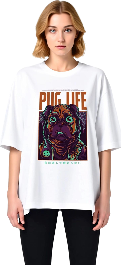 Pug Hayatı Baskılı Kadın Oversize Tişört