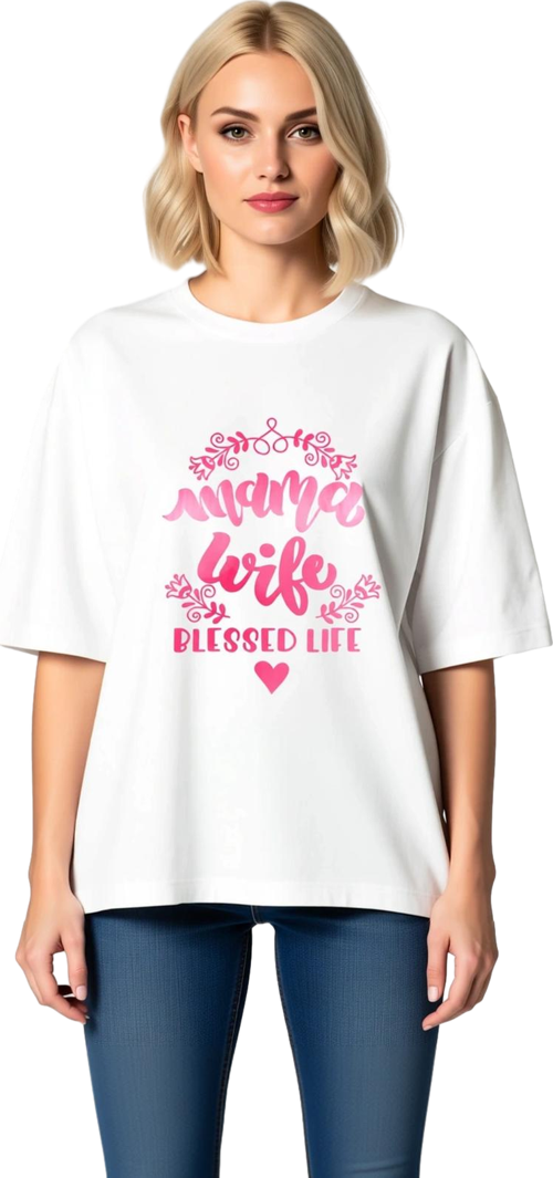 Kadın Oversize Mama Wife Blessed Life Baskılı Tişört Dekoratif Yaka Kısa Kol Rahat Kesim Günlük