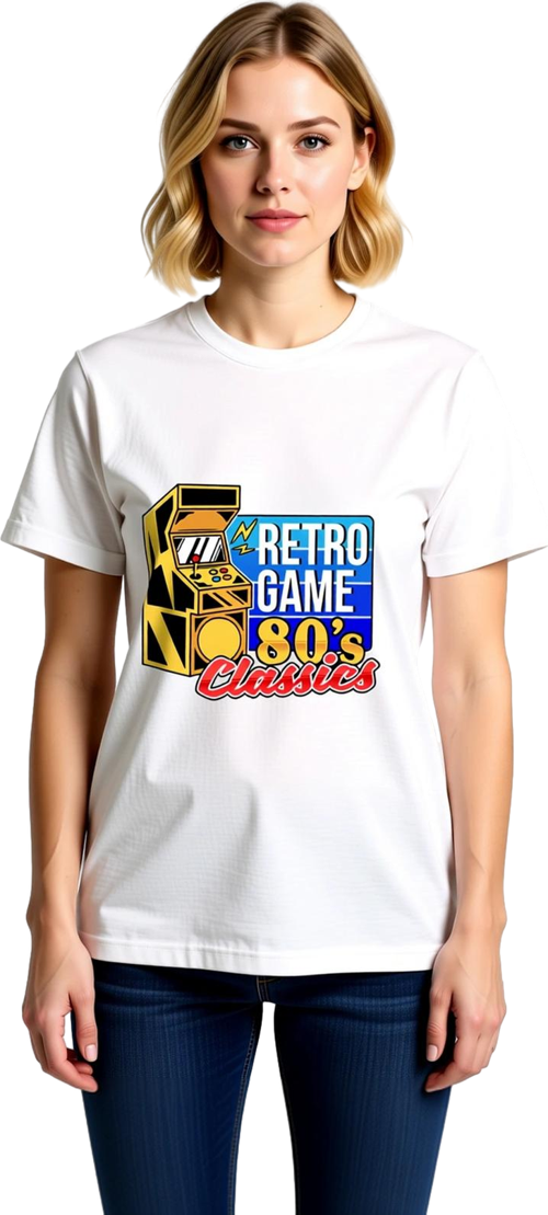 Kadın Arcade Oyun Temalı Baskılı Tişört %100 Pamuk Kısa Kollu Yuvarlak Yaka Rahat Kesim Günlük Şık
