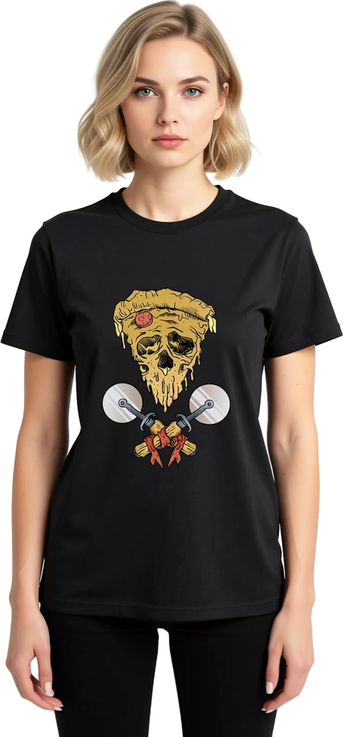Kadın Grafik Baskılı Pamuk Tişört Pizza Motifli İskelet Desenli Kısa Kol Yuvarlak Yaka Rahat Kesim