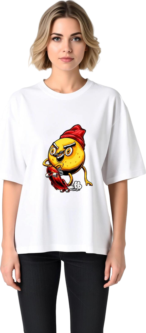 Kadın Oversize Tişört Kısa Kol Yuvarlak Yaka Cartoon Patates Skateboard Baskılı Rahat Kesim Günlük