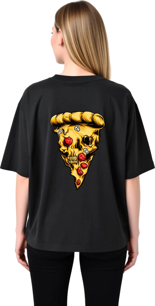 Kadın Oversize Tişört %100 Pamuk Kafatası Pizza Dilimi Baskılı Grafik Desenli Rahat Kesim Günlük