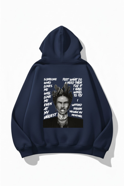 Unisex Yumuşak Dokulu Frida Kahlo Viva La Vida Baskılı Tasarım Oversize 3 İplik Hoodie Sweatshirt