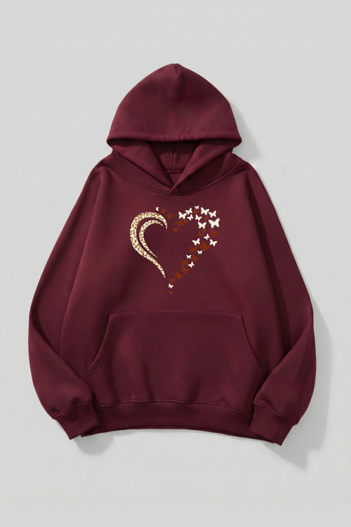 Unisex Yumuşak Dokulu Kelebek Leoparlı Kalp Baskılı Tasarım Oversize 3 İplik Hoodie Sweatshirt
