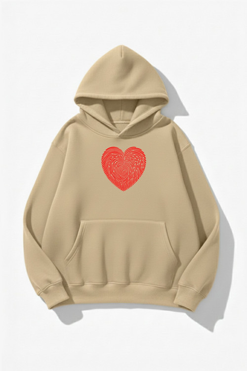 Unisex Yumuşak Dokulu Kalbin İzi Baskılı Tasarım Oversize 3 İplik Hoodie Sweatshirt